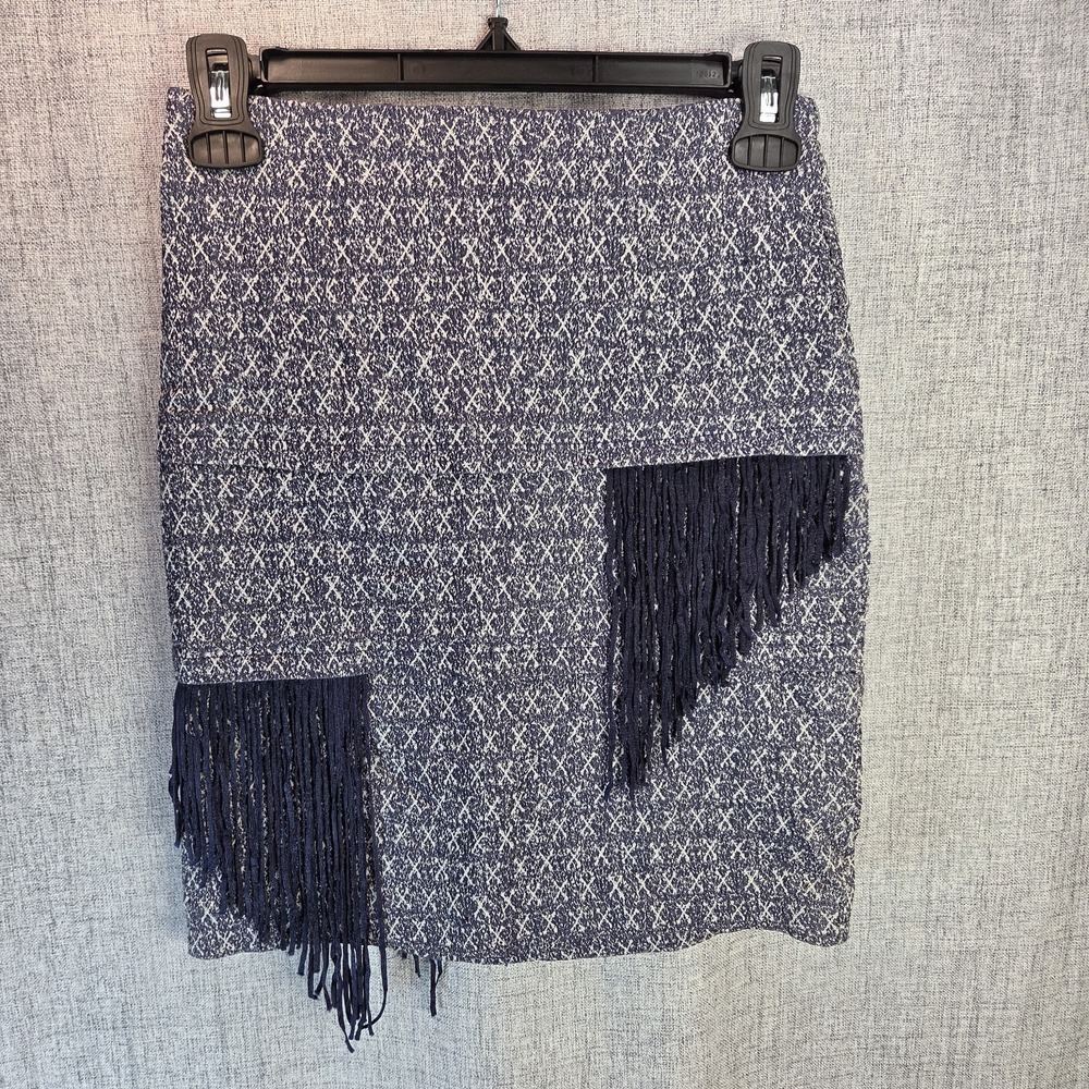Women's Boho Mini Fringe Blue Geometric Pencil Skirt‎ Sz 2 Retro Western